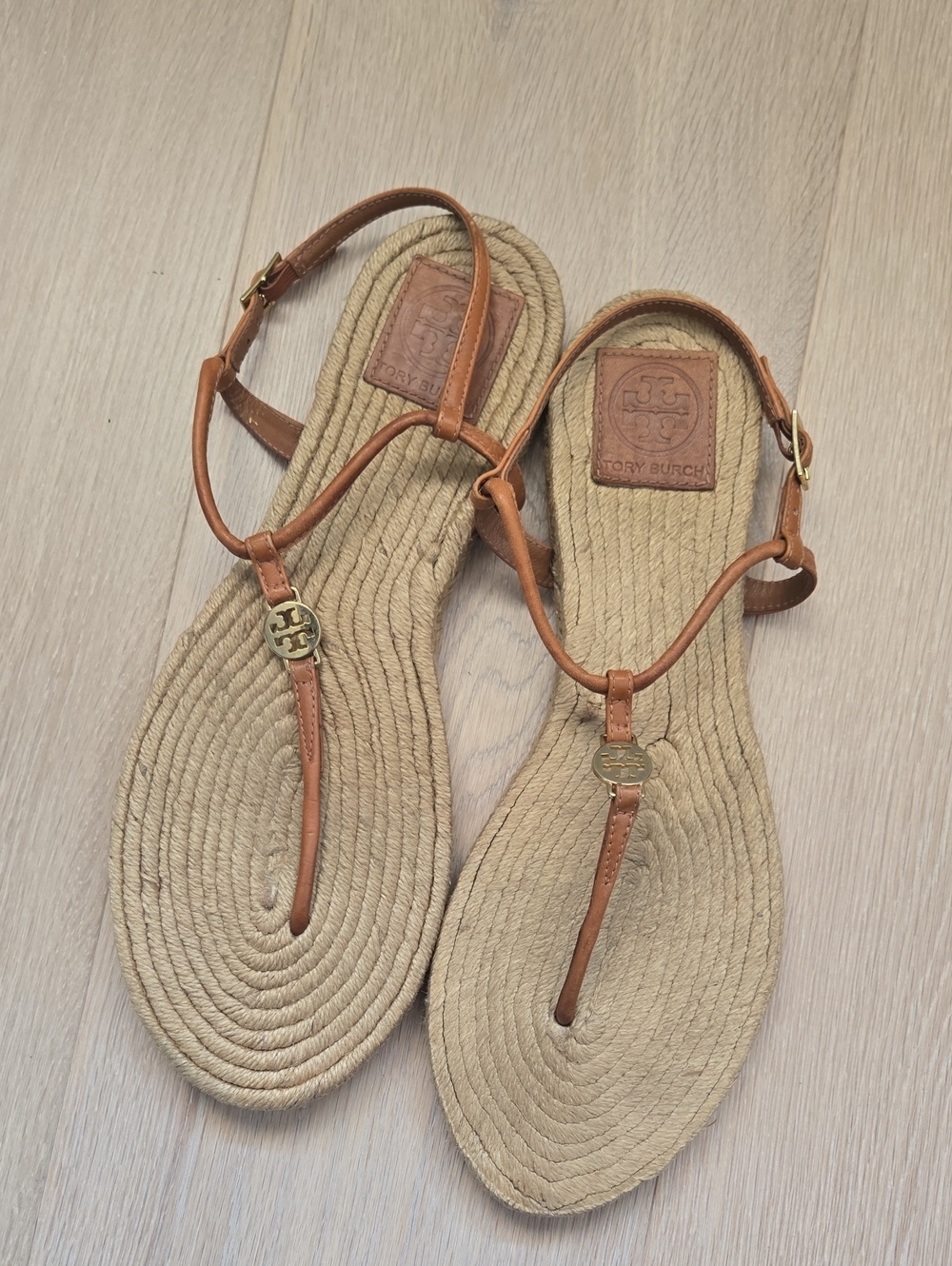 Tory Burch Tan Leather T-Strap Espadrille Sandals 11